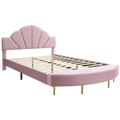 Redom Lit 140x200 cm avec tête de lit en velours rose et banc coordonné, bords anti-collision en mousse, cadre solide New