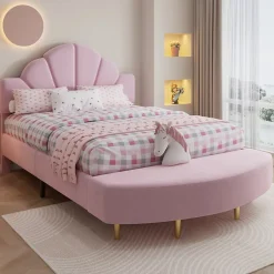 Redom Lit 140x200 cm avec tête de lit en velours rose et banc coordonné, bords anti-collision en mousse, cadre solide New