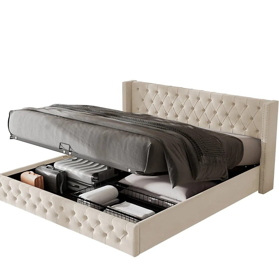 Redom Lit 140x200 cm avec tête de lit capitonnée en velours, coffre de rangement hydraulique et détails cloutés, beige Best