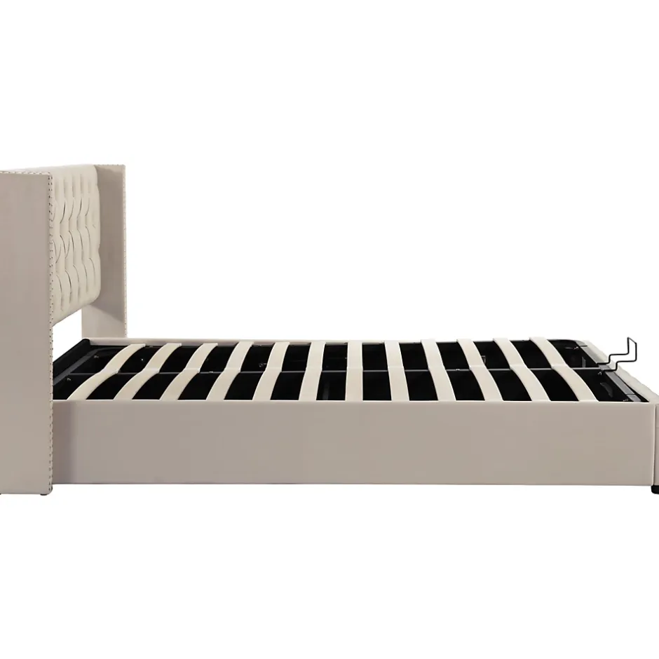 Redom Lit 140x200 cm avec tête de lit capitonnée en velours, coffre de rangement hydraulique et détails cloutés, beige Best