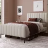 Redom Lit 90x200 cm avec tête de lit réglable, cadre rembourré en lin gris-beige, lattes en pin et pieds métal