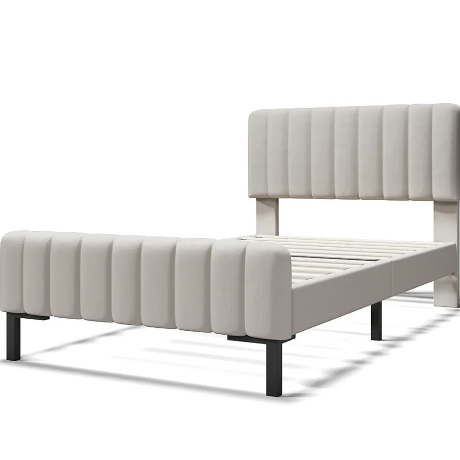 Redom Lit 90x200 cm avec tête de lit réglable, cadre rembourré en lin gris-beige, lattes en pin et pieds métal