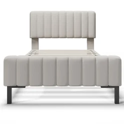Redom Lit 90x200 cm avec tête de lit réglable, cadre rembourré en lin gris-beige, lattes en pin et pieds métal