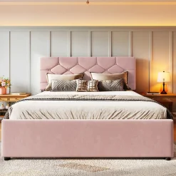 Redom Lit 140x200 cm avec tête de lit capitonnée et sommier gigogne, tapissé velours rose et MDF design Best