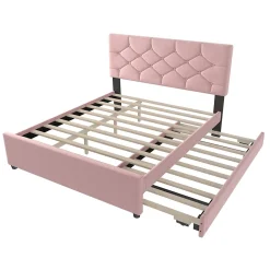 Redom Lit 140x200 cm avec tête de lit capitonnée et sommier gigogne, tapissé velours rose et MDF design Best