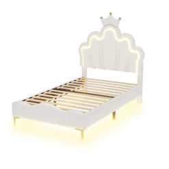 Redom Lit 90x200 cm avec tête de lit couronnée et éclairage LED RVB, tapissé PU blanc, cadre MDF solide et hauteur réglable Discount