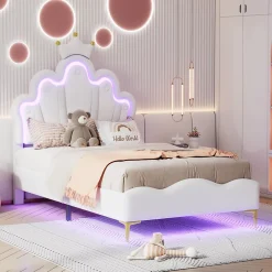 Redom Lit 90x200 cm avec tête de lit couronnée et éclairage LED RVB, tapissé PU blanc, cadre MDF solide et hauteur réglable Discount