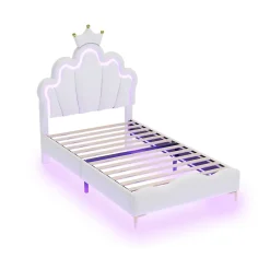 Redom Lit 90x200 cm avec tête de lit couronnée et éclairage LED RVB, tapissé PU blanc, cadre MDF solide et hauteur réglable Discount