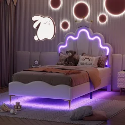 Redom Lit 90x200 cm avec tête de lit couronnée et éclairage LED RVB, tapissé PU blanc, cadre MDF solide et hauteur réglable Discount