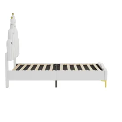 Redom Lit 90x200 cm avec tête de lit couronnée et éclairage LED RVB, tapissé PU blanc, cadre MDF solide et hauteur réglable Discount
