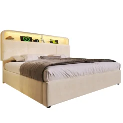 Redom Lit 140x200 cm avec tête de lit réglable et rangement hydraulique, velours beige, LED et station de charge