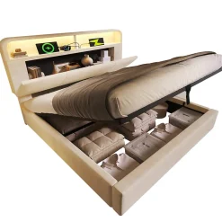 Redom Lit 140x200 cm avec tête de lit réglable et rangement hydraulique, velours beige, LED et station de charge