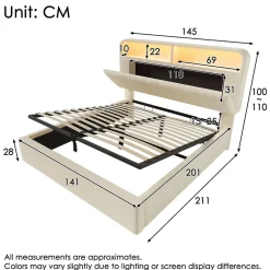 Redom Lit 140x200 cm avec tête de lit réglable et rangement hydraulique, velours beige, LED et station de charge