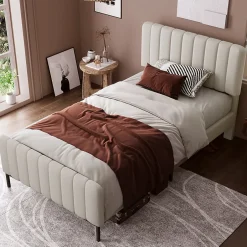 Redom Lit 90x200 cm avec tête de lit réglable, revêtement lin gris-beige et sommier à lattes, cadre métal/bois