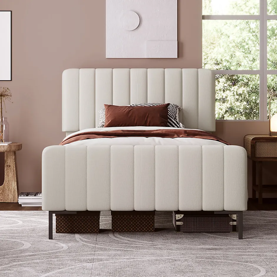 Redom Lit 90x200 cm avec tête de lit réglable, revêtement lin gris-beige et sommier à lattes, cadre métal/bois