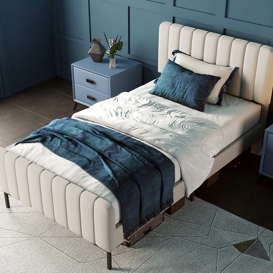 Redom Lit 90x200 cm avec tête de lit réglable, revêtement lin gris-beige et sommier à lattes, cadre métal/bois