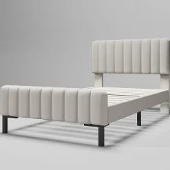 Redom Lit 90x200 cm avec tête de lit réglable, revêtement lin gris-beige et sommier à lattes, cadre métal/bois