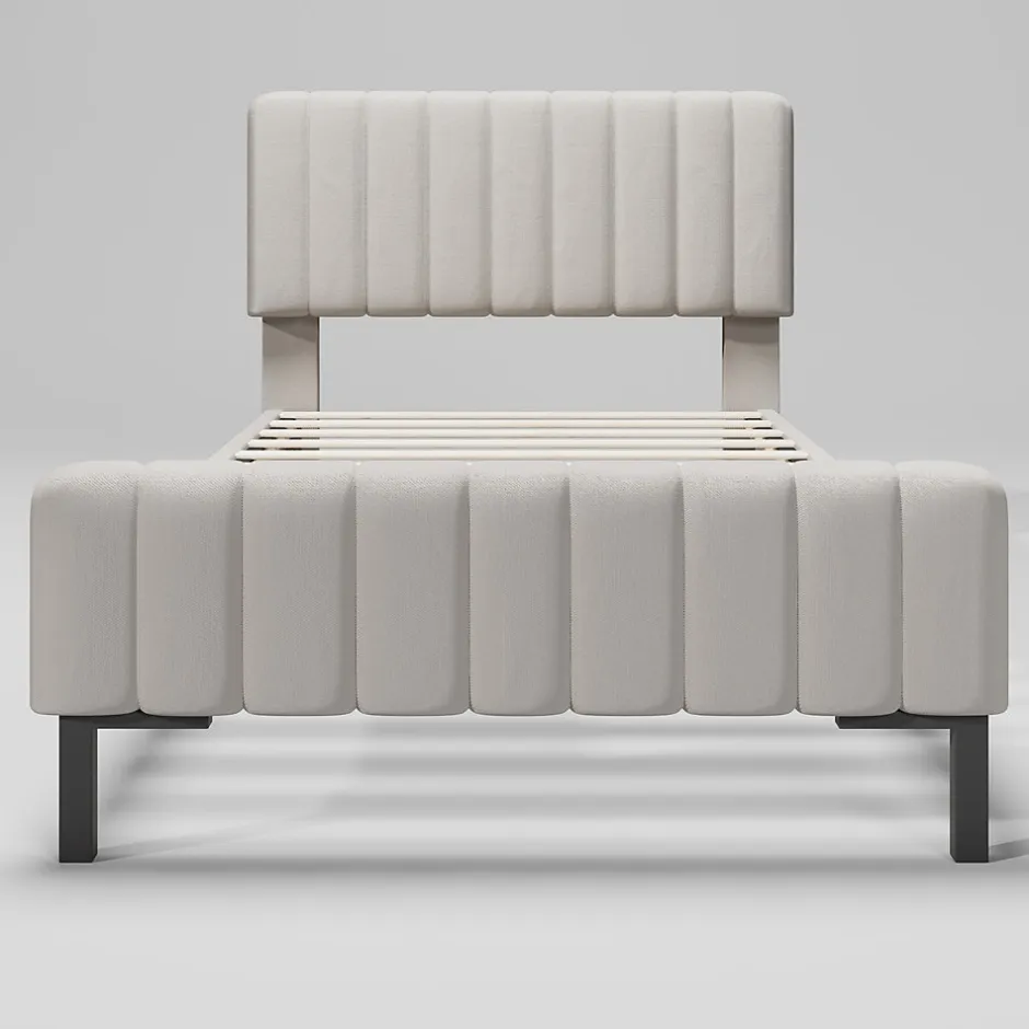 Redom Lit 90x200 cm avec tête de lit réglable, revêtement lin gris-beige et sommier à lattes, cadre métal/bois