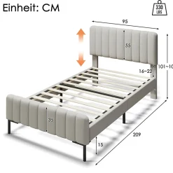 Redom Lit 90x200 cm avec tête de lit réglable, revêtement lin gris-beige et sommier à lattes, cadre métal/bois