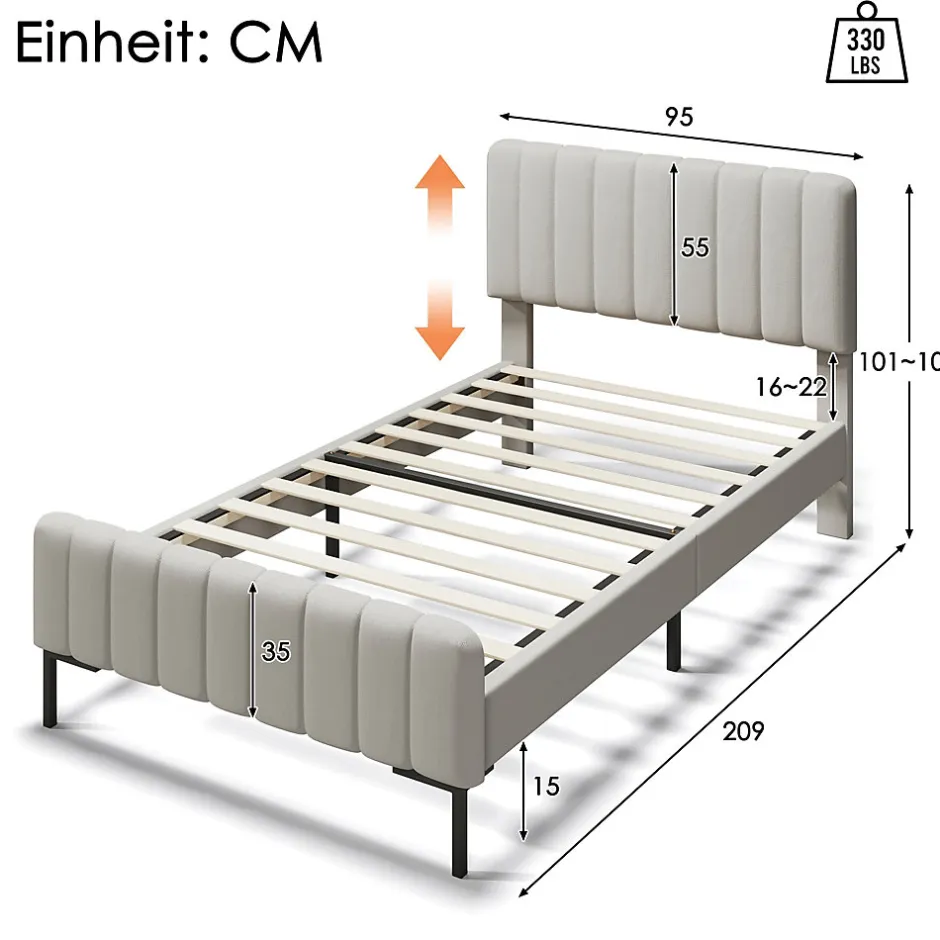 Redom Lit 90x200 cm avec tête de lit réglable, revêtement lin gris-beige et sommier à lattes, cadre métal/bois