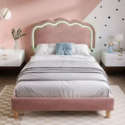 Redom Lit 90x190 cm avec tête de lit LED réglable, tapissé velours rose, cadre rembourré au design moderne