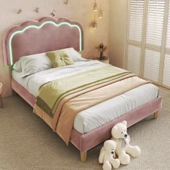 Redom Lit 90x190 cm avec tête de lit LED réglable, tapissé velours rose, cadre rembourré au design moderne