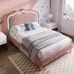 Redom Lit 90x190 cm avec tête de lit LED réglable, tapissé velours rose, cadre rembourré au design moderne