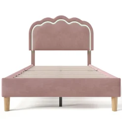 Redom Lit 90x190 cm avec tête de lit LED réglable, tapissé velours rose, cadre rembourré au design moderne