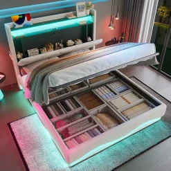 Redom Lit 160x200 cm avec tête de lit LED, rangement intégré et revêtement velours beige, design contemporain New