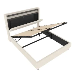 Redom Lit 160x200 cm avec tête de lit LED, rangement intégré et revêtement velours beige, design contemporain New