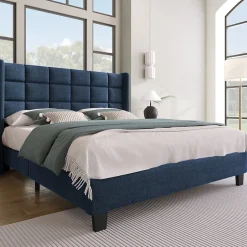 Redom Lit 140x200 cm avec tête de lit tapissée en lin bleu, pieds noirs et sommier à lattes intégré, design élégant