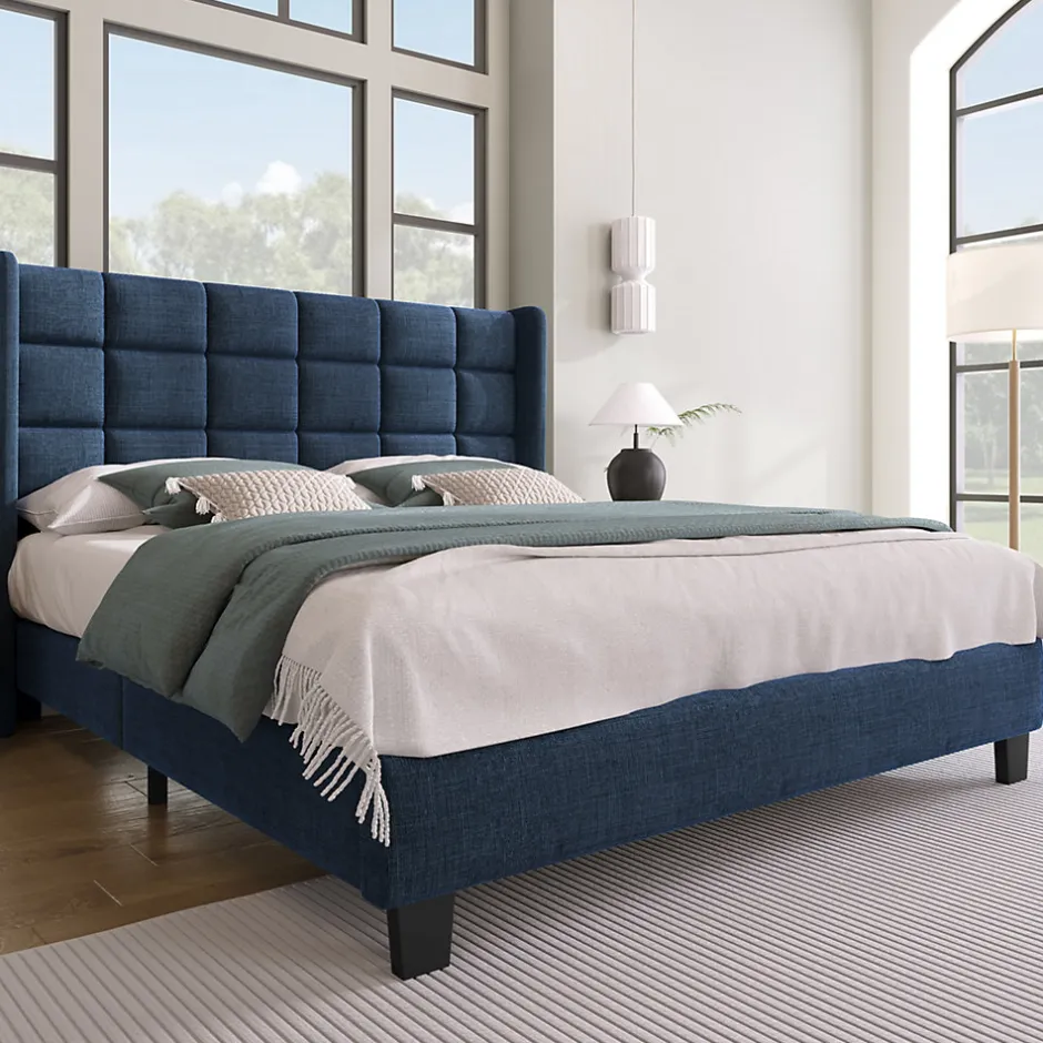 Redom Lit 140x200 cm avec tête de lit tapissée en lin bleu, pieds noirs et sommier à lattes intégré, design élégant