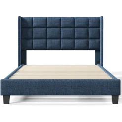 Redom Lit 140x200 cm avec tête de lit tapissée en lin bleu, pieds noirs et sommier à lattes intégré, design élégant