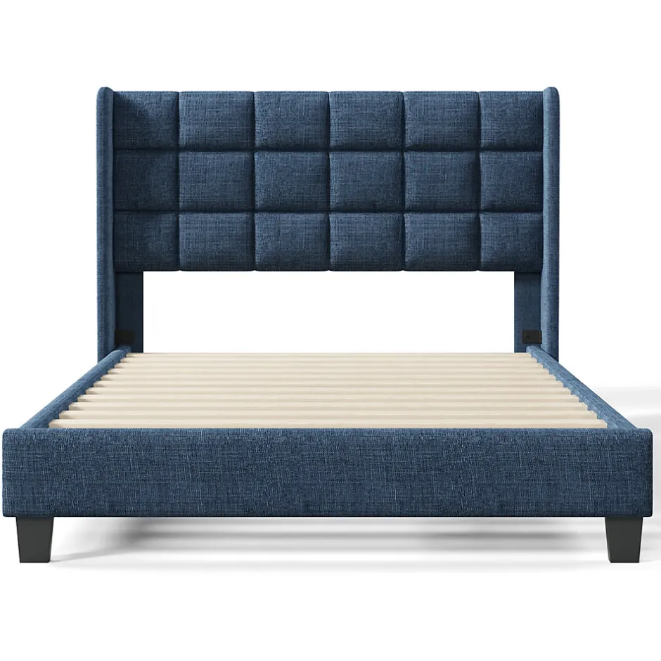 Redom Lit 140x200 cm avec tête de lit tapissée en lin bleu, pieds noirs et sommier à lattes intégré, design élégant