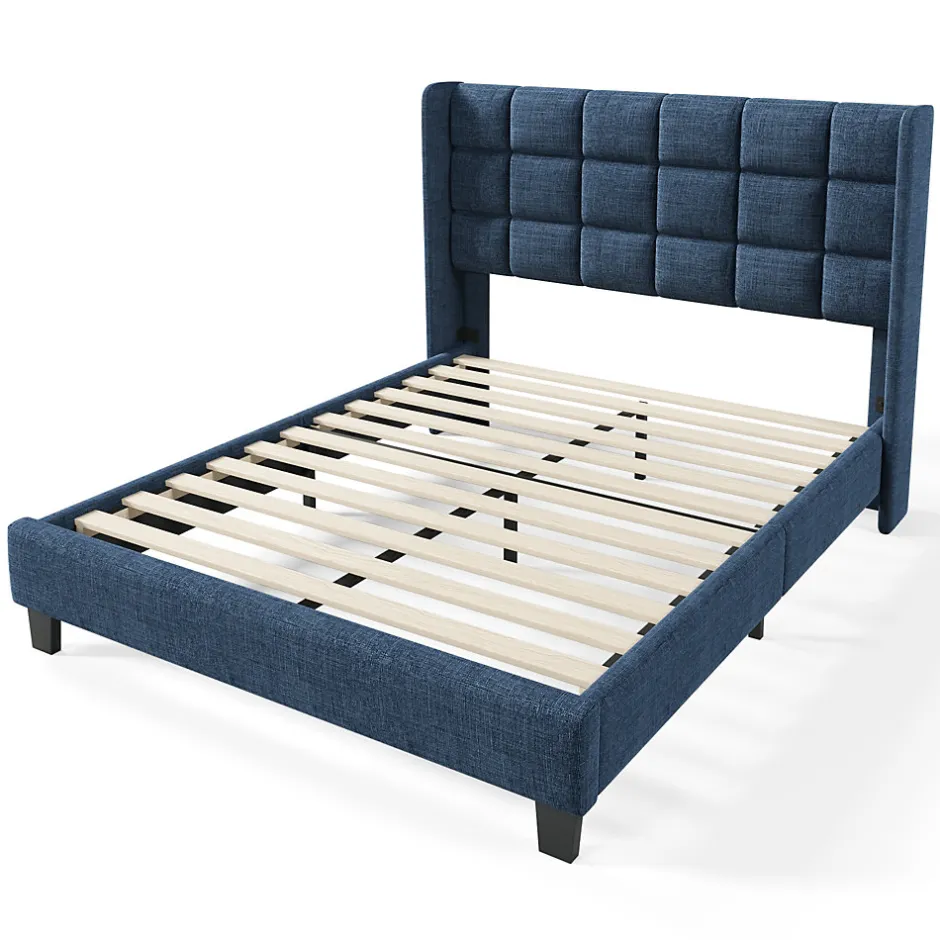 Redom Lit 140x200 cm avec tête de lit tapissée en lin bleu, pieds noirs et sommier à lattes intégré, design élégant