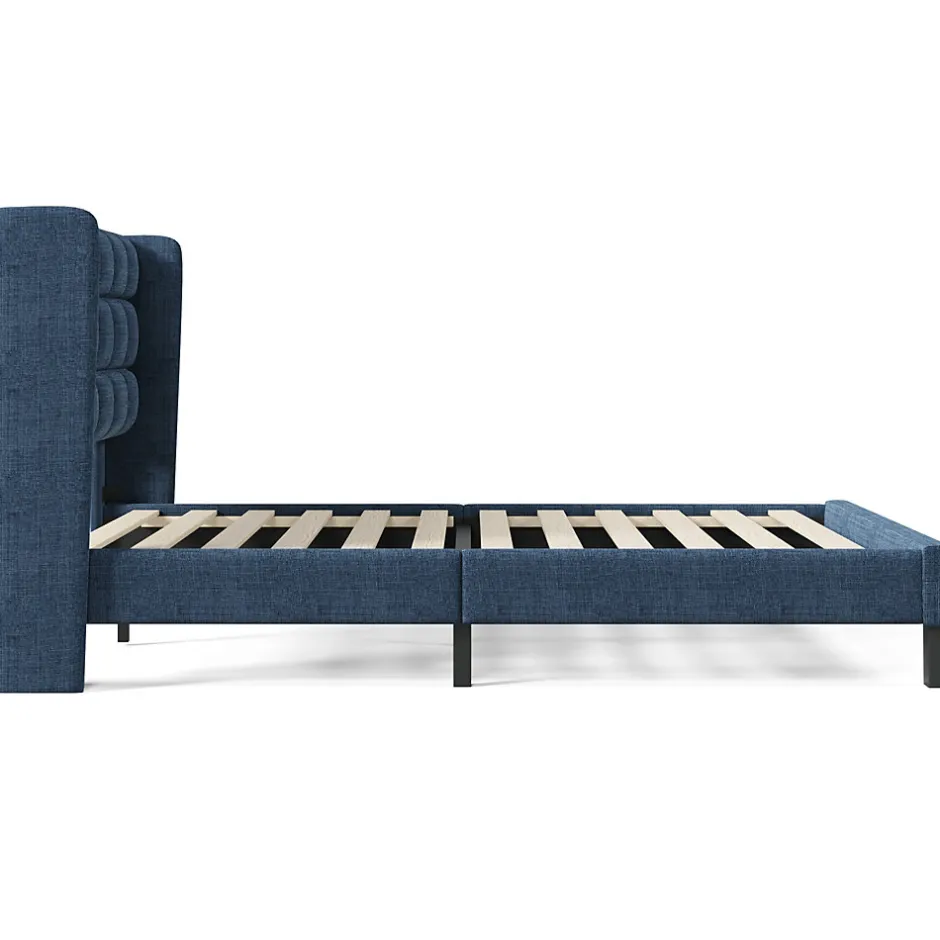 Redom Lit 140x200 cm avec tête de lit tapissée en lin bleu, pieds noirs et sommier à lattes intégré, design élégant