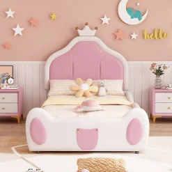 Redom Lit 90x200 cm avec tête de lit en forme de couronne, revêtement simili cuir blanc et rose, cadre métal et panneaux bois