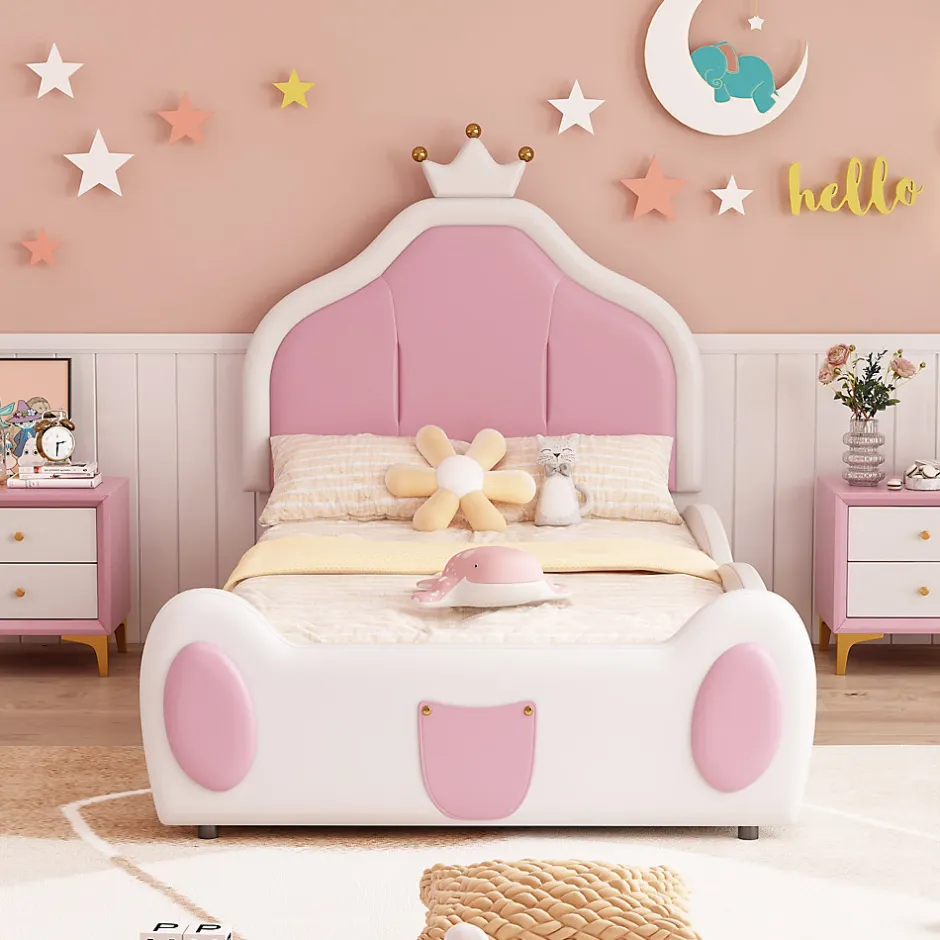 Redom Lit 90x200 cm avec tête de lit en forme de couronne, revêtement simili cuir blanc et rose, cadre métal et panneaux bois