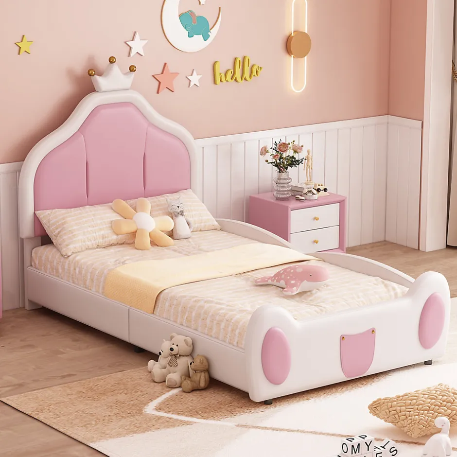 Redom Lit 90x200 cm avec tête de lit en forme de couronne, revêtement simili cuir blanc et rose, cadre métal et panneaux bois