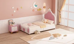 Redom Lit 90x200 cm avec tête de lit en forme de couronne, revêtement simili cuir blanc et rose, cadre métal et panneaux bois
