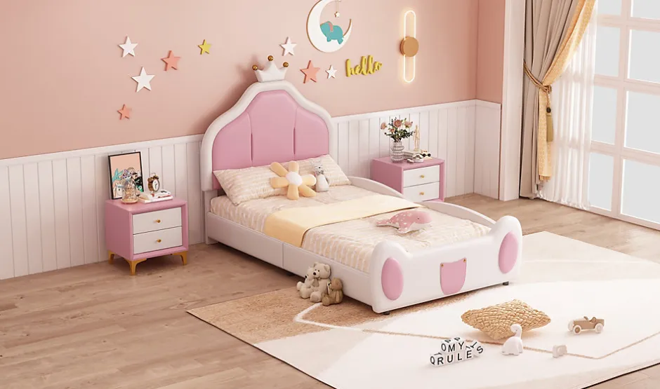 Redom Lit 90x200 cm avec tête de lit en forme de couronne, revêtement simili cuir blanc et rose, cadre métal et panneaux bois