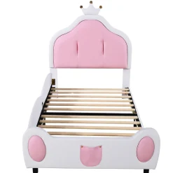 Redom Lit 90x200 cm avec tête de lit en forme de couronne, revêtement simili cuir blanc et rose, cadre métal et panneaux bois