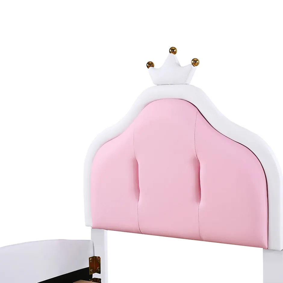 Redom Lit 90x200 cm avec tête de lit en forme de couronne, revêtement simili cuir blanc et rose, cadre métal et panneaux bois