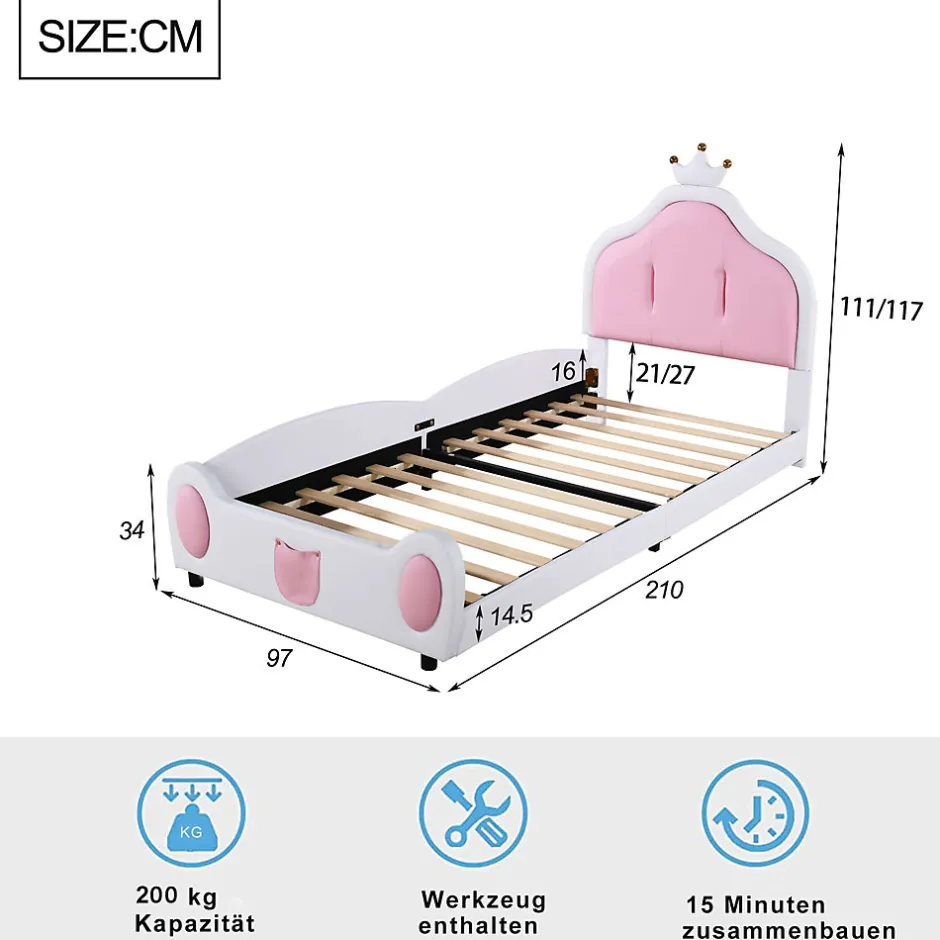 Redom Lit 90x200 cm avec tête de lit en forme de couronne, revêtement simili cuir blanc et rose, cadre métal et panneaux bois
