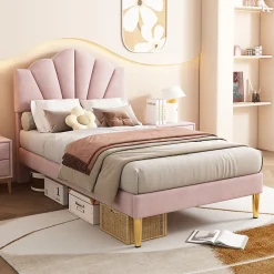 Redom Lit 90x200 cm avec tête de lit coquillage réglable et pieds métal doré, velours rose, design élégant