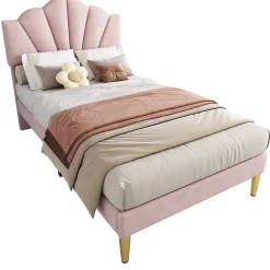 Redom Lit 90x200 cm avec tête de lit coquillage réglable et pieds métal doré, velours rose, design élégant