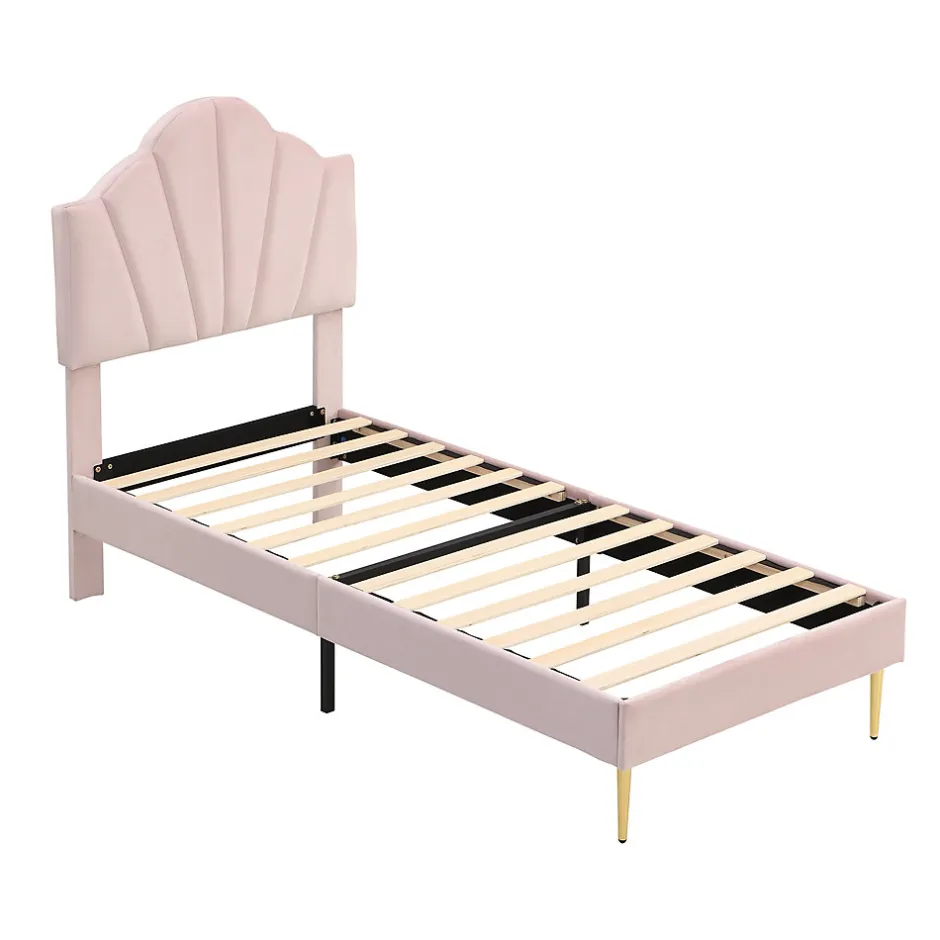 Redom Lit 90x200 cm avec tête de lit coquillage réglable et pieds métal doré, velours rose, design élégant