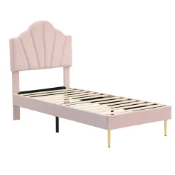 Redom Lit 90x200 cm avec tête de lit coquillage réglable et pieds métal doré, velours rose, design élégant