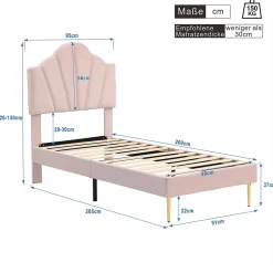 Redom Lit 90x200 cm avec tête de lit coquillage réglable et pieds métal doré, velours rose, design élégant