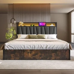 Redom Lit 160x200 cm avec tête de lit LED RGBW, coffre de rangement, cadre métal et revêtement lin gris contemporain